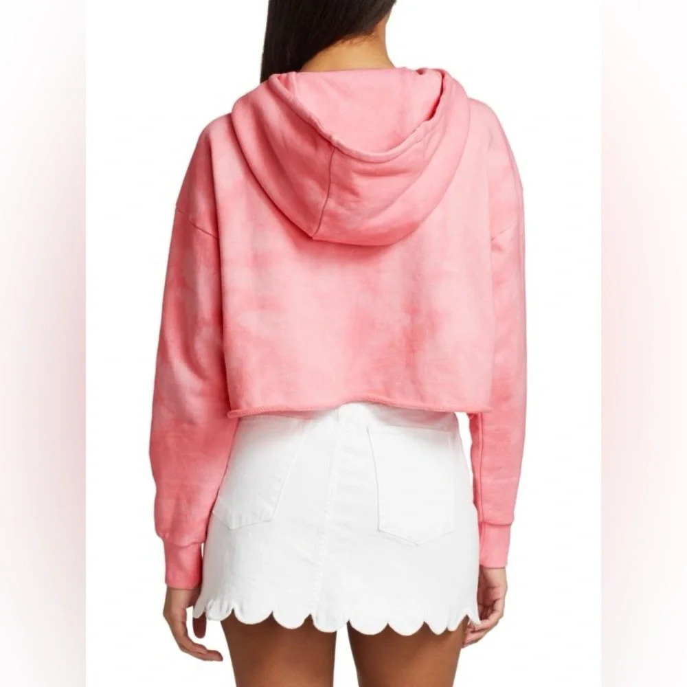 Alice + Olivia Nikki Cropped Hoodie Sweatshirt Pink Raw Hem Pullover L - Picture 11 of 12